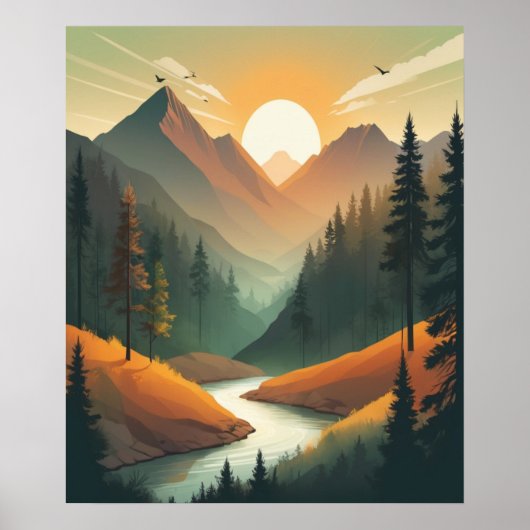 Poster Illustration Mountain Sunrise : Paysage détaillé (Devant)