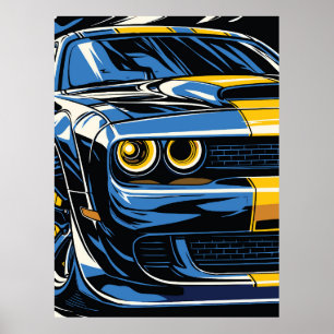 Poster Illustration Pop Art d'une Muscle Car rétro bleue