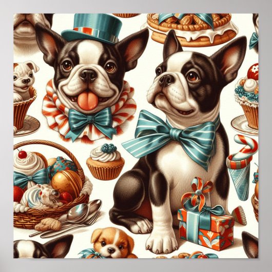 Poster Illustration Retro Cute Boston Terrier (Devant)