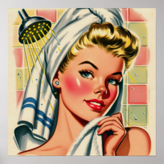Poster Illustration Retro Cute Shower Girl