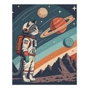 Poster Illustration Rétro de Chat Astronaute dans l'Espac