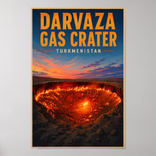 Poster Illustration rétro du cratère de gaz de Darvaza au