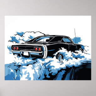 Poster Illustration rétro pop art d'une muscle car noire 