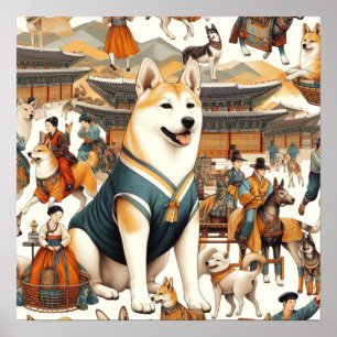 Poster Illustration sans couture du chien Jindo vintage c
