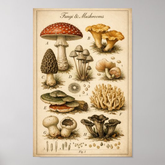 Poster Illustration Scientifique de Champignons Anciens (Devant)