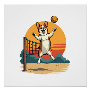 Poster Illustration vectorielle vintage Corgi Volleyball