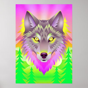 Poster Illustration vibrante du loup avec les arbres Abst