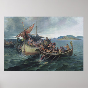 Poster Illustration vintage de bataille navale de Viking
