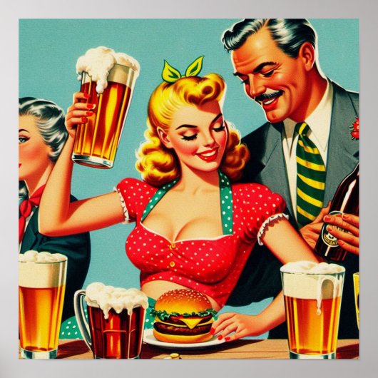 Poster Illustration vintage de bière et de hamburger (Devant)
