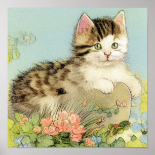 Poster Illustration vintage de chat avec fleurs roses