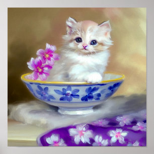 Poster Illustration vintage de chaton blanc