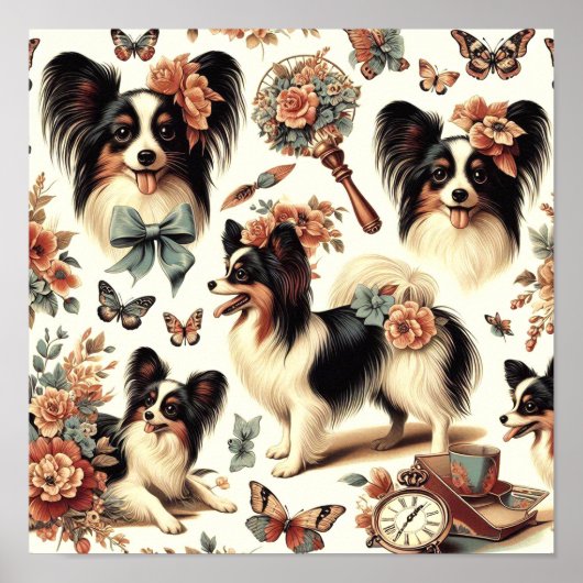 Poster Illustration Vintage de chien Papillon (Devant)