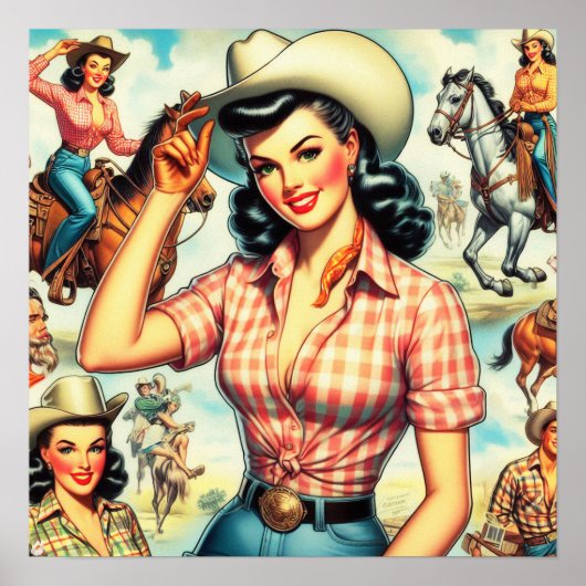 Poster Illustration vintage de Cowgirl sans joint (Devant)