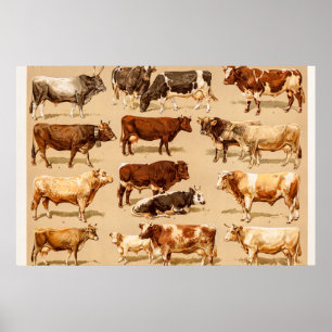 Poster Illustration vintage de ferme de vaches laitières