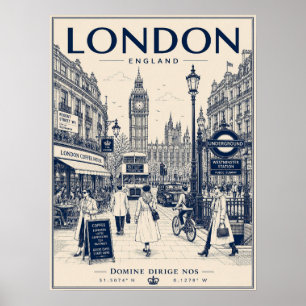 Poster Illustration vintage de Londres avec Big Ben et bu