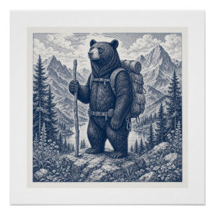 Poster Illustration vintage de l'ours de randonnée