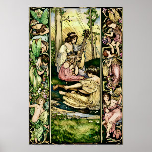 Poster Illustration Vintage de Musiciens Fées Art Nouveau