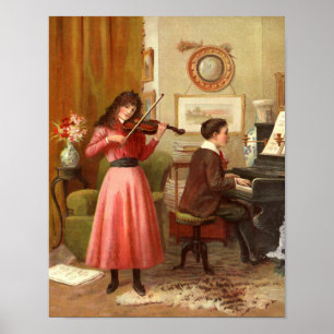Poster Illustration vintage de musique à la maison