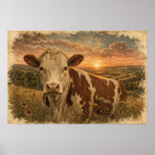 Poster Illustration Vintage de Vache des Highlands au Cou
