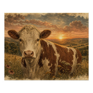 Poster Illustration Vintage de Vache des Highlands au Cou