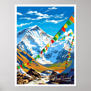 Poster Illustration Vintage de voyage du mont Everest Chi