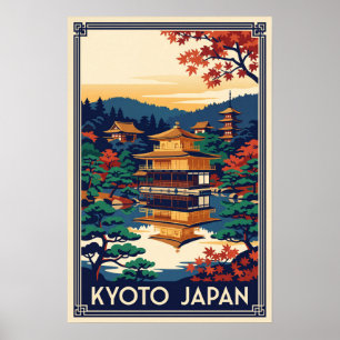 Poster Illustration vintage du pavillon d'or de Kyoto Jap