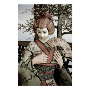 Poster Illustration vintage d'un éventail de geisha en ki