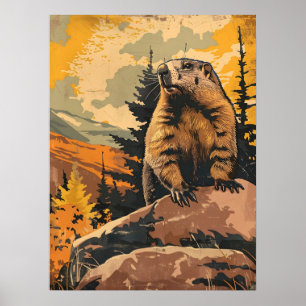 Poster Illustration vintage d'une marmotte