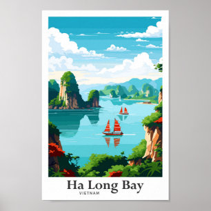 Poster Illustration Vintage Ha Long Bay Vietnam Travel