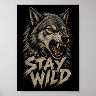 Poster Illustration Vintage Loup Grognant Sauvage
