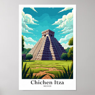 Poster Illustration Vintage voyage de Chichen Itza Mexiqu