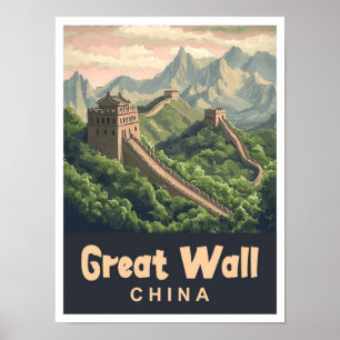 Poster Illustration Vintage voyage de la Grande Muraille 