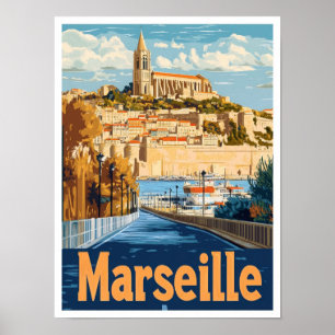 Poster Illustration Vintage voyage de Marseille France