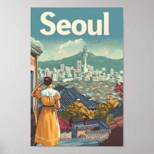 Poster Illustration Vintage voyage de Séoul en Corée du S