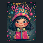 Poster Illustration Whimsical Happy Birthday Sister<br><div class="desc">C'est un design d'anniversaire magnifiquement illustré avec une fille mignonne aux yeux grands avec des cheveux foncés, des joues roses et un sourire éclatant. Elle porte un casquette rayé coloré avec un pompon, assorti à l'arrière - plan animé et festif rempli de bulles flottantes, d'étoiles et de scintillants magiques. La...</div>