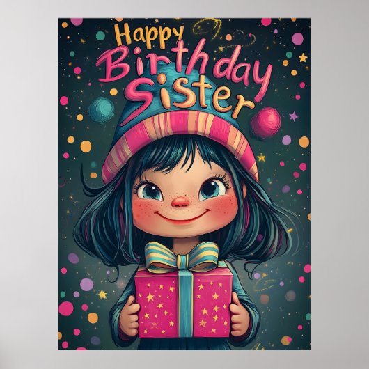 Poster Illustration Whimsical Happy Birthday Sister (Devant)