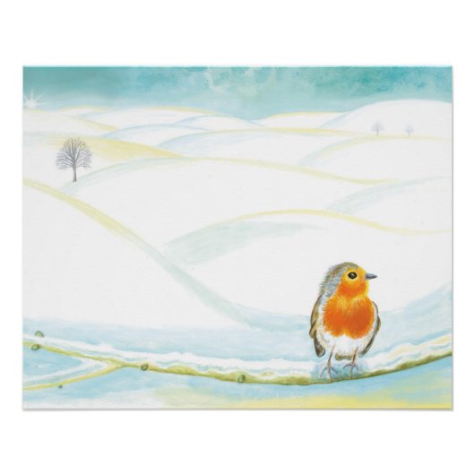 Poster Illustration White Winter Landscape Avec Robin (Devant)