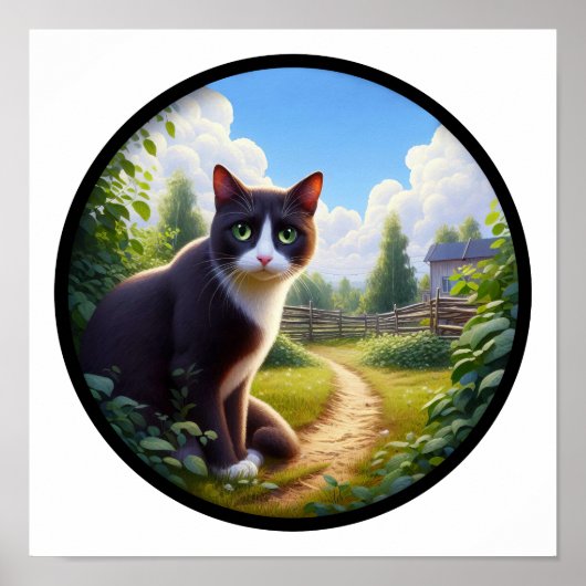 Poster Image 3D circulaire d'un beau chat Tuxedo (Devant)