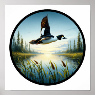 Poster Image 3D circulaire d'un canard à oeil d'or commun