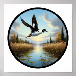 Poster Image 3D circulaire d'un canard à oeil d'or commun
