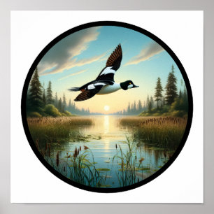 Poster Image 3D circulaire d'un canard à oeil d'or commun