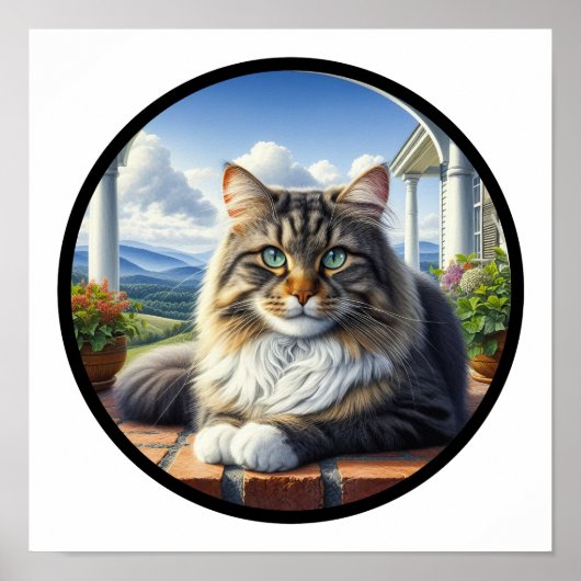 Poster Image 3D circulaire d'un chat domestique à cheveux (Devant)