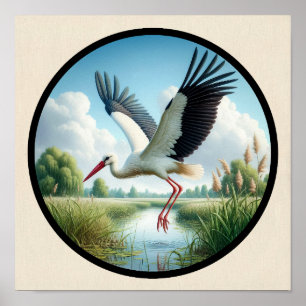 Poster Image 3D circulaire d'une belle cigogne blanche