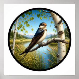 Poster Image 3D circulaire d'une hirondelle d'arbre perch