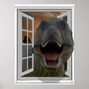 Poster Image 3D d'effet de fenêtre fausse de T-Rex dinosa