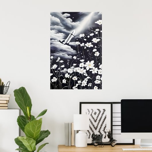 Poster Image de fleurs et d'une fusée dans le ciel (Bureau à domicile)