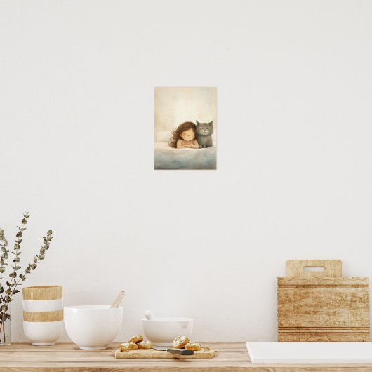 Poster Image mignonne de petite fille et chat (Cuisine)