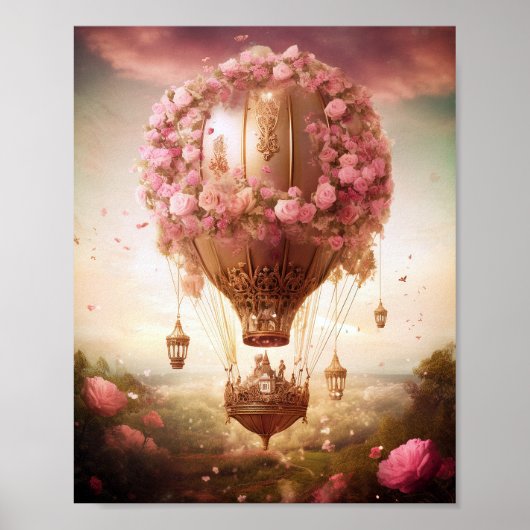 Poster Imaginaire à air chaud ballon rose or (Devant)
