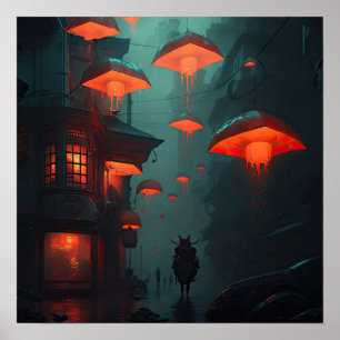 Poster Imaginaire asiatique ville de nuit avec lanternes 