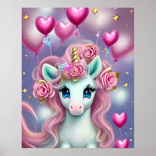 Poster Imaginaire Bébé blanc licorne avec Coeurs roses (Devant)